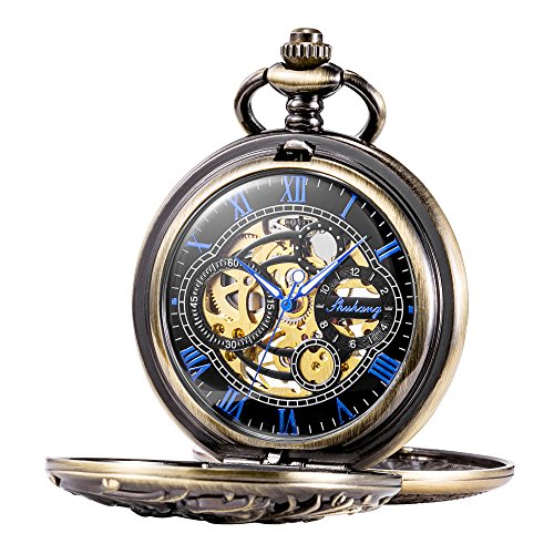 TREEWETO Mens Antique Mechanical Pocket Watch Dream Dragon Skeleton Bronze Tone with Double Covers Gift for Man