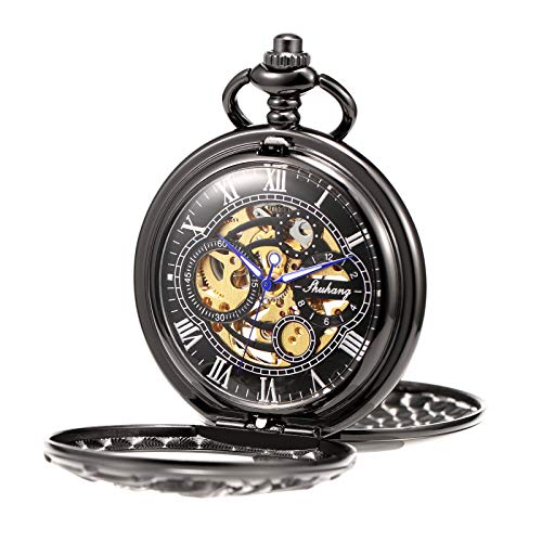 TREEWETO Mens Mechanical Pocket Watch Antique Dream Dragon Skeleton Black Double Open Case with Chain Box Gift for Men Women