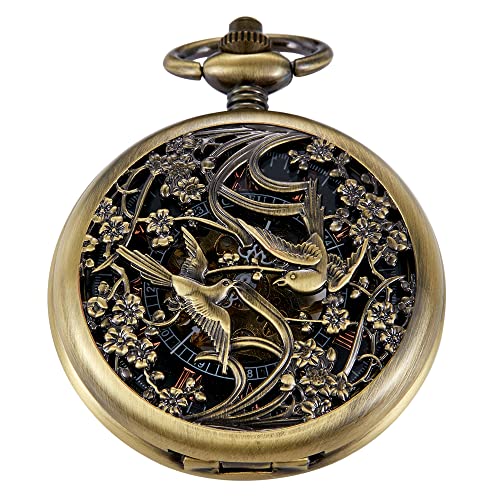 Whodoit Bronze Two Swallows Hollow Out Design Mechanical Pocket Watch, Men 039 s FOB Chain Roman Digital Steampunk Mechanical Pocket Watches for Men - Bronze