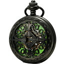 SEWOR Mens Luminous Dial Hand Wind Mechanical Pocket Watch with Brand Leather Gift Box (Stand Up Black) (Green)