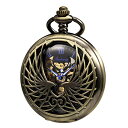 TREEWETO Men's Women's Pocket Watch Mechanical Skeleton Eagle Wings Double Hollow Case Roman Numeral with Chain Box