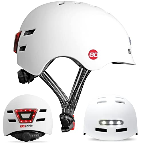 ヘルメット 自転車 サイクリング 輸入 クロスバイク GoRide White Bike Helmet for Adult Men and Women - Bicycle Helmet with Light, CPSC Durable Cycling Helmet with Front/Rear Ultra Bright Rechargeable LED ヘルメット 自転車 サイクリング 輸入 クロスバイク