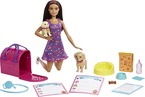 バービー バービー人形 Barbie Pup Adoption Doll & Accessories Set with Color-Change, 2 Pets, Carrier & 10 Accessories, Brunette Doll in Purple Dressバービー バービー人形