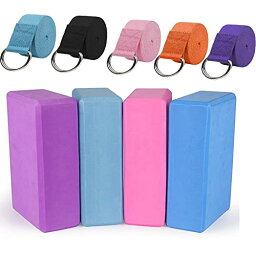 ヨガブロック フィットネス 4 Pack Yoga Blocks 9''x6''x3'' High Density Yoga Brick Foam Blocks to Improve Strength+ 5 Pack Yoga Strap (6ft) Stretch Band with Metal D Ring Buckle Loopヨガブロック フィットネス