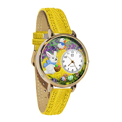 腕時計 気まぐれなかわいい プレゼント クリスマス ユニセックス Whimsical Gifts Easter Bunny 3D Watch | Large Gold Finish | Unique Fun Novelty | Handmade in USA | Yellow Leather Watch Band腕時計 気まぐれなかわいい プレゼント クリスマス ユニセックス