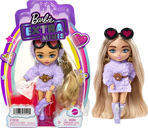 バービー バービー人形 Barbie Extra Minis Doll #4 (5.5 in) Wearing Fluffy Purple Fashion, with Doll Stand & Accessories Including Teddy Ears and Sunglasses, Gift for Kids 3 Years Old & Up?バービー バービー人形