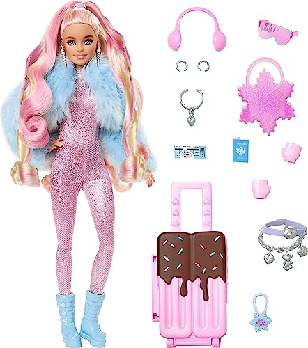 バービー バービー人形 Barbie Extra Fly Doll with Snow-Themed Travel Clothes & Accessories, Sparkly Pink Jumpsuit & Faux Fur Coatバービー バービー人形