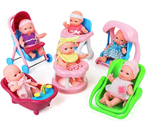 バービー バービー人形 Click N' Play Mini 5 Inch Baby Girl Toy Dolls with Stroller, High Chair, Bathtub, Infant Seat, and Swing Accessories for Girls 3-6 Years Oldバービー バービー人形