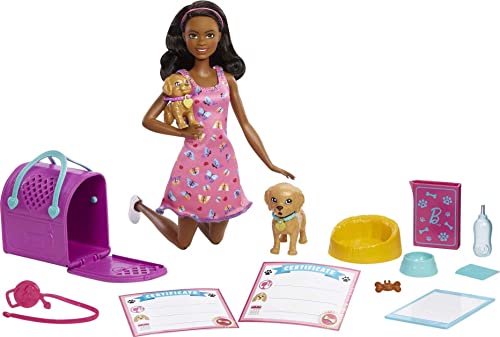 バービー バービー人形 Barbie Pup Adoption Doll & Accessories Set with Color-Change, 2 Pets, Carrier & 10 Accessories, Brunette Doll in Pink Dressバービー バービー人形