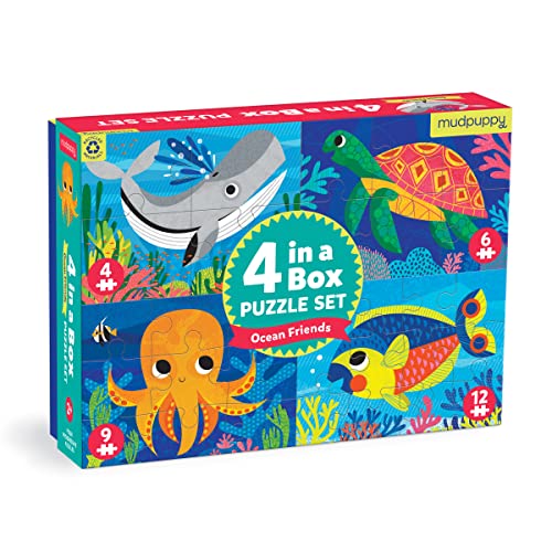 ジグソーパズル 海外製 アメリカ Mudpuppy Ocean Friends 4-in-a-Box Puzzle Set from Mudpuppy, Includes 4 Progressive Jigsaw Puzzles for Kids with 4-12 Pieces, Colorful Ocean Animal Illustrations, for Kids Ages 2+ジグソーパズル 海外製 アメリカ