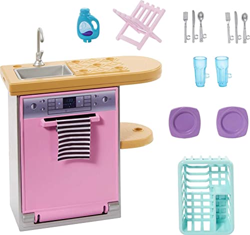Сӡ Сӡͷ Barbie Furniture and Accessories, Doll House Decor Set with Dishwasher Theme, Kitchen Add-On with Counter SinkСӡ Сӡͷ
