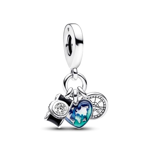 パンドラ ブレスレット チャーム アクセサリー ブランド Pandora Camera, Heart & Compass Triple Dangle Charm - Bracelet Charm Moments Bracelets - Great Gift for Her - Sterling Silver & Enamel with Cubiパンドラ ブレスレット チャーム アクセサリー ブランド