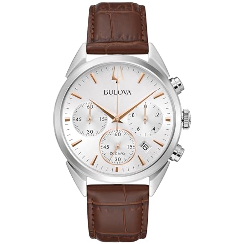 楽天angelica腕時計 ブローバ メンズ Bulova Men's Classic Sutton 6-Hand Chronograph High Performance Quartz Stainless Steel Case Watch with Brown Leather Strap, Silver-White Dial, 41.5mm Style:96B370腕時計 ブローバ メンズ