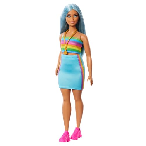 Сӡ Сӡͷ Barbie Fashionistas Doll #218 with Long Blue Hair, Rainbow Top & Teal Skirt, 65th Anniversary Collectible Fashion DollСӡ Сӡͷ