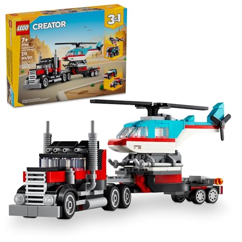 レゴ LEGO Creator 3 in 1 Flatbed Truck with Helicopter Toy, Transforms from Flatbed Truck Toy to Propeller Plane to Hot Rod and SUV Car Toys, Gift Idea for Boys and Girls Ages 7 Years Old and Up, 31146レゴ