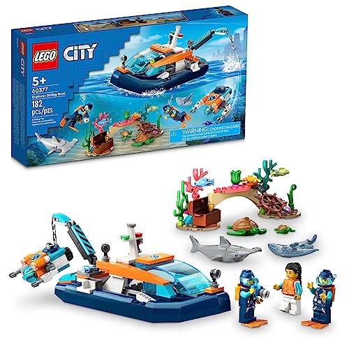 쥴 LEGO City Explorer Diving Boat 60377 Ocean Building Toy, Includes a Coral Reef Setting, Mini-Submarine, 3 Minifigures and Manta Ray, Shark, Crab, 2 Fish and 2 Turtle Figures쥴