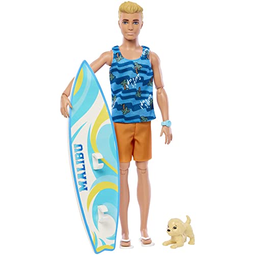 バービー バービー人形 Barbie Ken Doll with Surfboard and Pet Puppy, Poseable Blonde Ken Be...