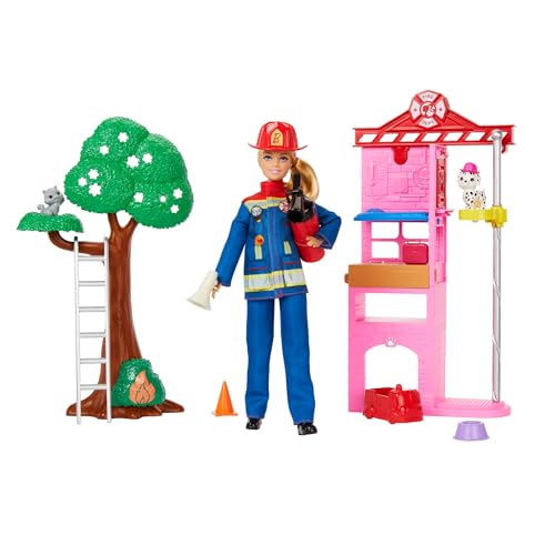 バービー バービー人形 Barbie Careers Firefighter Doll & Playset with Fire Station & Tree, ...
