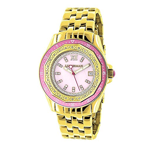 楽天angelica腕時計 ラックスマン レディース Royale Real Diamond Watch for Women with Pink Bezel and Face Yellow Gold Plated 0.25ct Luxurman Royale腕時計 ラックスマン レディース Royale