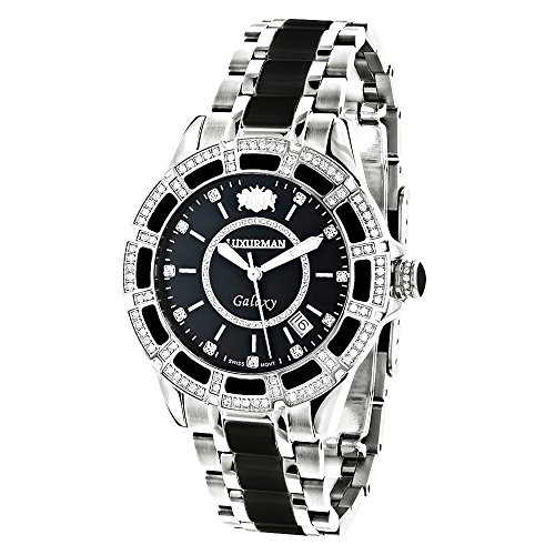 腕時計 ラックスマン レディース 【送料無料】LUXURMAN Galaxy Midsize Diamond Watch for Men and Women Stainless Steel and Black Ceramic 1.25ct腕時計 ラックスマン レディース