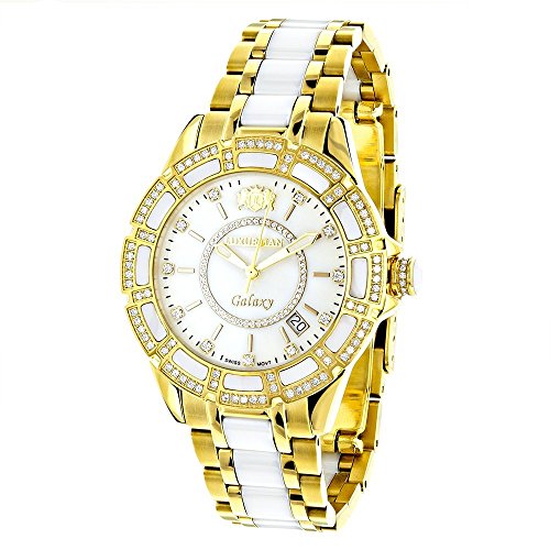腕時計 ラックスマン レディース 【送料無料】Yellow Gold Plated Steel and White Ceramic Women's Diamond Watch Luxurman Galaxy 1.25ct Swiss Mvt腕時計 ラックスマン レディース
