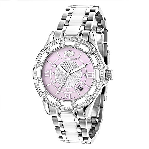 腕時計 ラックスマン レディース 【送料無料】White Ceramic Womens Diamond Watch 1.25ctw of Diamonds by Luxurman Pink MOP Galaxy腕時計 ラックスマン レディース