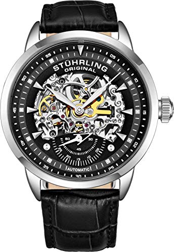 腕時計 ストゥーリングオリジナル メンズ 133.33151 Stuhrling Original Mens Automatic Watch Skeleton Watches for Men - Black Leather Watch Strap Mechanical Watch Silver Executive Watch Collection (Black)腕時計 ストゥーリングオリジナル メンズ 133.33151