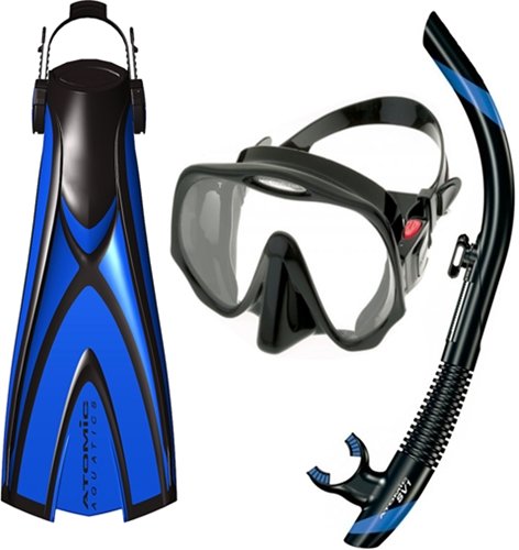 シュノーケリング マリンスポーツ Atomic Pro Package - X1 Open Heel Blade Fin, SV1 Snorkel and Frameless Mask (Small, Blue)シュノーケリング マリンスポーツ