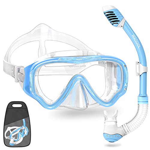 シュノーケリング マリンスポーツ WACOOL Snorkeling Snorkel Diving Scuba Package Set Gear for Kids Youth Junior Anti-Fog Coated Glass with Silicon Mouth Piece Purge Valve and Anti-Splash (SkyBlue)シュノーケリング マリンスポーツ