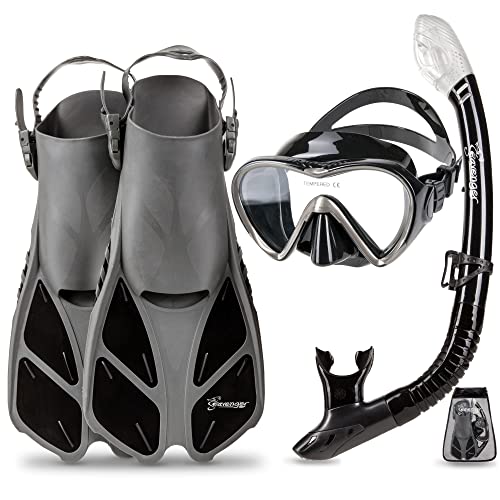 Ρ ޥ󥹥ݡ Seavenger Diving Dry Top Snorkel Set with Trek Fin, Single Lens Mask and Gear Bag, XS/XXS - Size 1 to 4 or Children 10-13, Gray/Black SiliconΡ ޥ󥹥ݡ