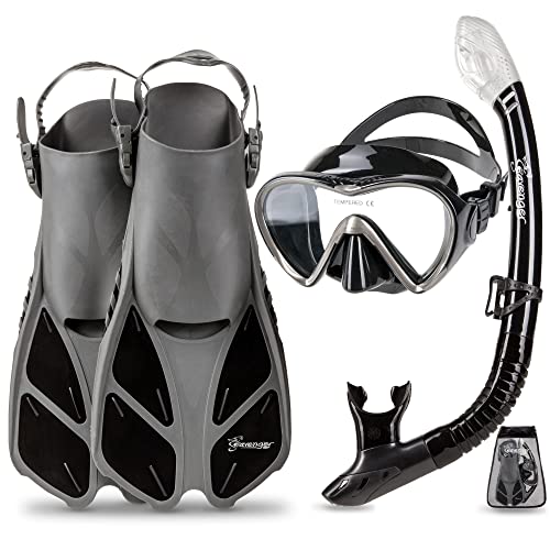 Ρ ޥ󥹥ݡ Seavenger Diving Dry Top Snorkel Set with Trek Fin, Single Lens Mask and Gear Bag, L/XL - Size 9 to 13, Gray/Black SiliconΡ ޥ󥹥ݡ