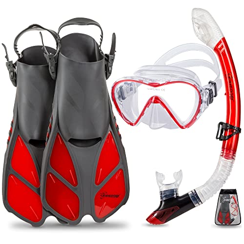 Ρ ޥ󥹥ݡ Seavenger Diving Dry Top Snorkel Set with Trek Fin, Single Lens Mask and Gear Bag, XS/XXS - Size 1 to 4 or Children 10-13, Gray/Clear RedΡ ޥ󥹥ݡ