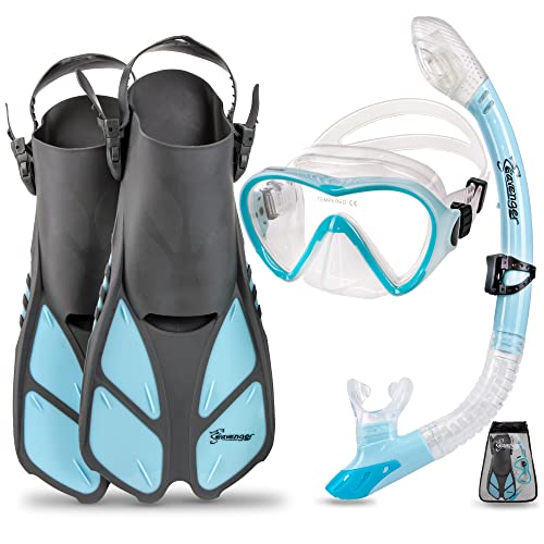 シュノーケリング マリンスポーツ FBA_SV-SET4 Seavenger Diving Dry Top Snorkel Set with Trek Fin, Single Lens Mask and Gear Bag, L/XL - Size 9 to 13, Gray/Dodger Blueシュノーケリング マリンスポーツ FBA_SV-SET4