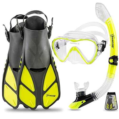 シュノーケリング マリンスポーツ Seavenger Diving Dry Top Snorkel Set with Trek Fin, Single Lens Mask and Gear Bag, XS/XXS - Size 1 to 4 or Children 10-13, Gray/Neon Yellowシュノーケリング マリンスポーツ