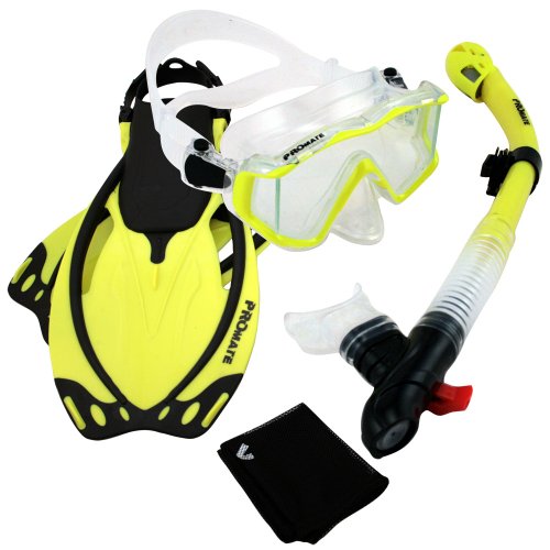 シュノーケリング マリンスポーツ 9990, nYellow, S/M, PROMATE Snorkeling Scuba Dive Panoramic Purge Mask Dry Snorkel Fins Gear Setシュノーケリング マリンスポーツ