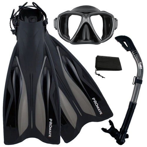 シュノーケリング マリンスポーツ Promate Deluxe Snorkeling Gear Scuba Diving Fins Mask Dry Snorkel Set, BkTi, SMシュノーケリング マリンスポーツ