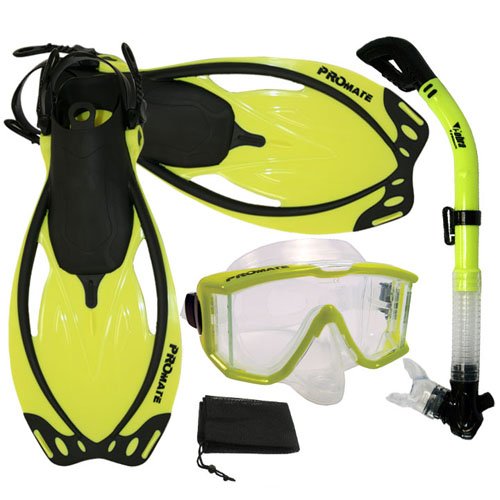 シュノーケリング マリンスポーツ PROMATE Snorkeling Scuba Dive Panoramic Purge Mask Dry Snorkel Fins Gear Set, Yellow, S/Mシュノーケリング マリンスポーツ