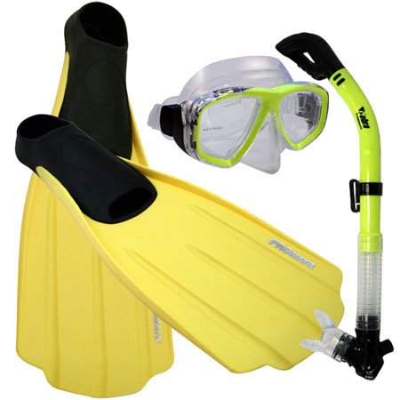 シュノーケリング マリンスポーツ Promate Snorkeling Full Foot Fins Mask Dry Snorkel Gear Set, Yellow, 11-13 Mens, 12-14 WMNSシュノーケリング マリンスポーツ