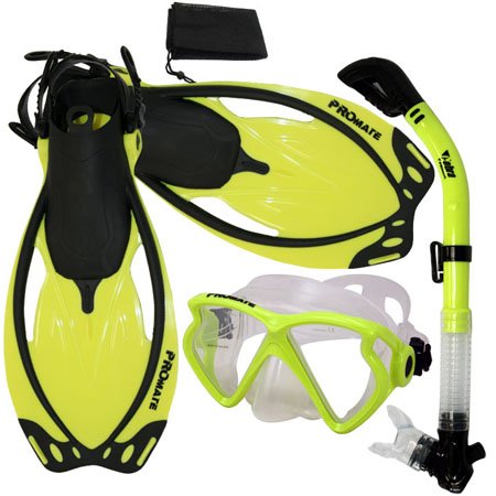 シュノーケリング マリンスポーツ Promate Snorkeling Matrix Mask Dry Snorkel Fins Mesh Bag Set, Yellow, ML/XLシュノーケリング マリンスポーツ