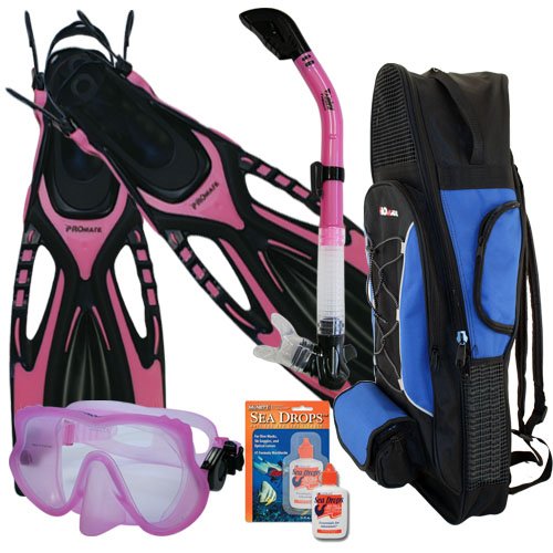 シュノーケリング マリンスポーツ Promate Snorkeling Scuba Dive Frameless Mask Fins Dry Snorkel Gear Bag Set, Pink, SMシュノーケリング マリンスポーツ
