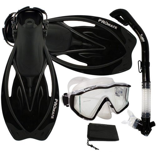 シュノーケリング マリンスポーツ Promate Snorkeling Panoramic Mask Dry Snorkel Scuba Dive Fins Set, Black, ML/XLシュノーケリング マリンスポーツ