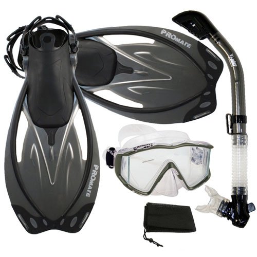 シュノーケリング マリンスポーツ Promate Snorkeling Panoramic Mask Dry Snorkel Scuba Dive Fins Set, Titanium, ML/XLシュノーケリング マリンスポーツ