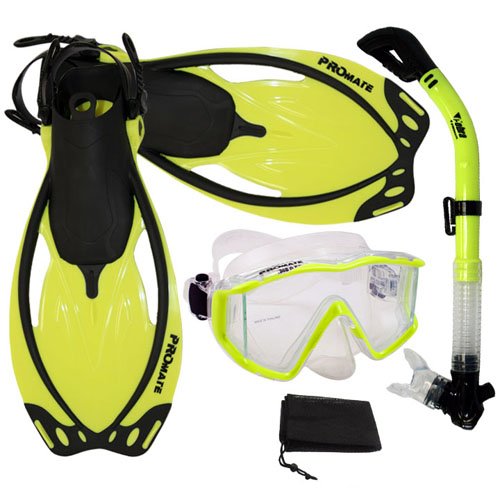 シュノーケリング マリンスポーツ Promate Snorkeling Panoramic Mask Dry Snorkel Scuba Dive Fins Set, nYellow, ML/XLシュノーケリング マリンスポーツ