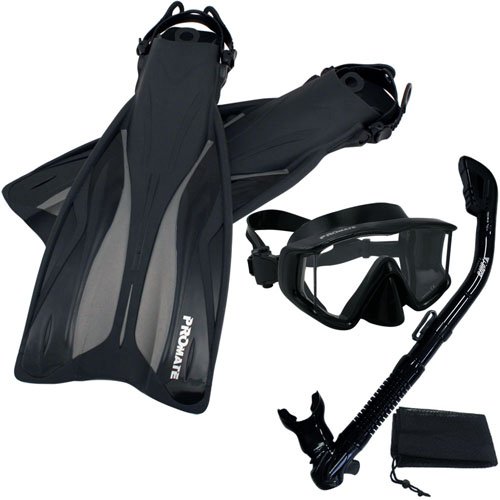 シュノーケリング マリンスポーツ PROMATE Deluxe Snorkeling Panoramic Mask Dry Snorkel Scuba Dive Fins Set, AllBlack, S/Mシュノーケリング マリンスポーツ