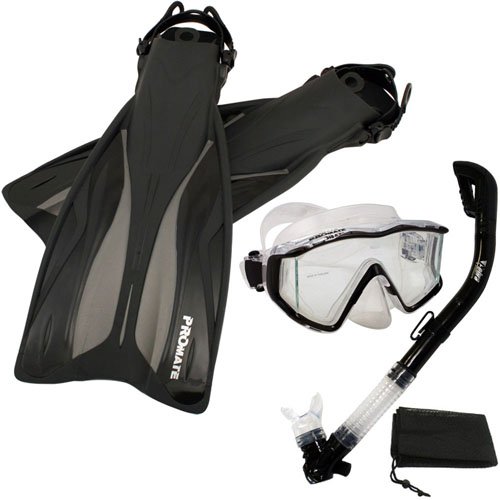 シュノーケリング マリンスポーツ PROMATE Deluxe Snorkeling Panoramic Mask Dry Snorkel Scuba Dive Fins Set, Black, S/Mシュノーケリング マリンスポーツ