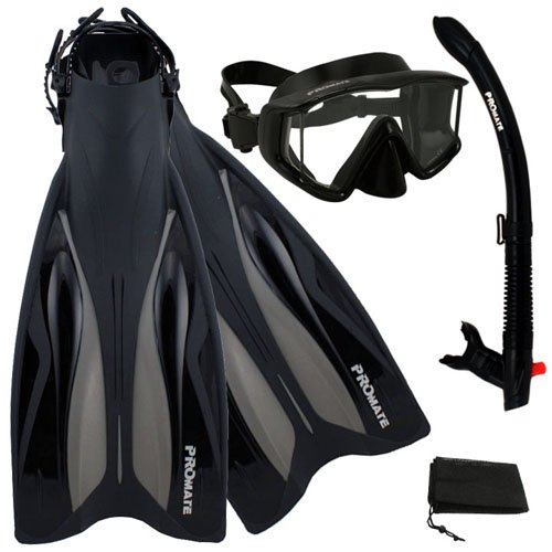 シュノーケリング マリンスポーツ PROMATE Deluxe Side-View Mask Semi-Dry Snorkel Snorkeling Fins Set, ABK, S/Mシュノーケリング マリンスポーツ