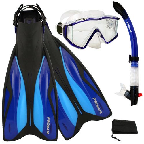 シュノーケリング マリンスポーツ Promate Deluxe Side-View Mask Semi-Dry Snorkel Snorkeling Fins Set, Blue, S/Mシュノーケリング マリンスポーツ