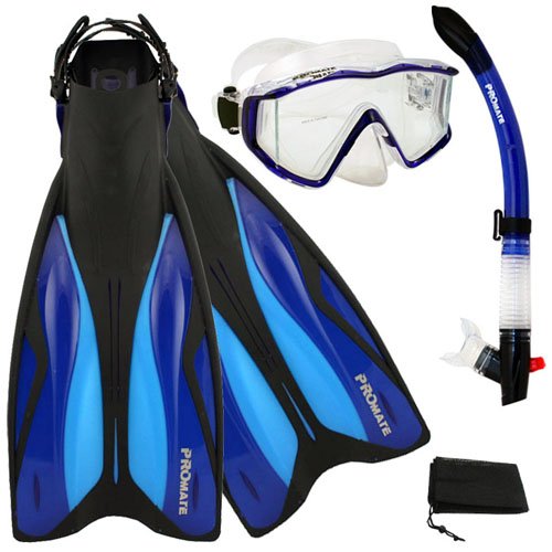 シュノーケリング マリンスポーツ Promate Deluxe Side-View Mask Semi-Dry Snorkel Snorkeling Fins Set, Blue, ML/XLシュノーケリング マリンスポーツ