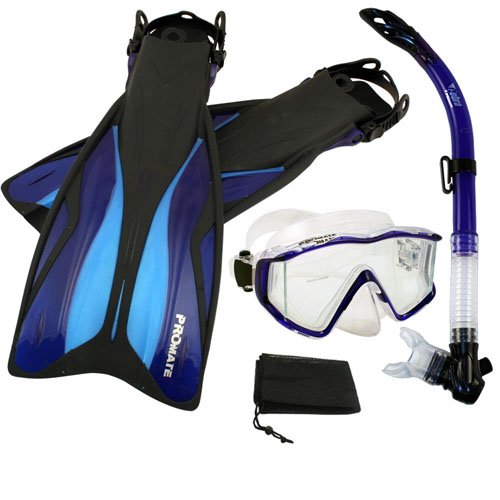 シュノーケリング マリンスポーツ PROMATE Side-View Mask Semi-Dry Snorkel Snorkeling Fins, Blue, ML/XLシュノーケリング マリンスポーツ