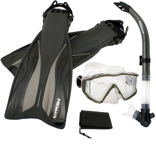 シュノーケリング マリンスポーツ Promate Side-View Mask Semi-Dry Snorkel Snorkeling Fins, Titanium, ML/XLシュノーケリング マリンスポーツ